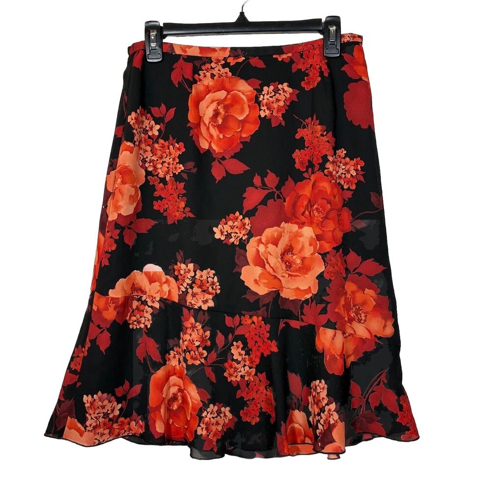 Semi Sheer Skirt Black Red Floral Double Layer Norton McNaughton 10 Flutter Hem